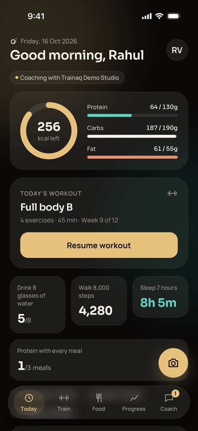 Trainaq client app: the Today screen with calories left, protein, carbs and fat against targets, today's workout and the day's habits