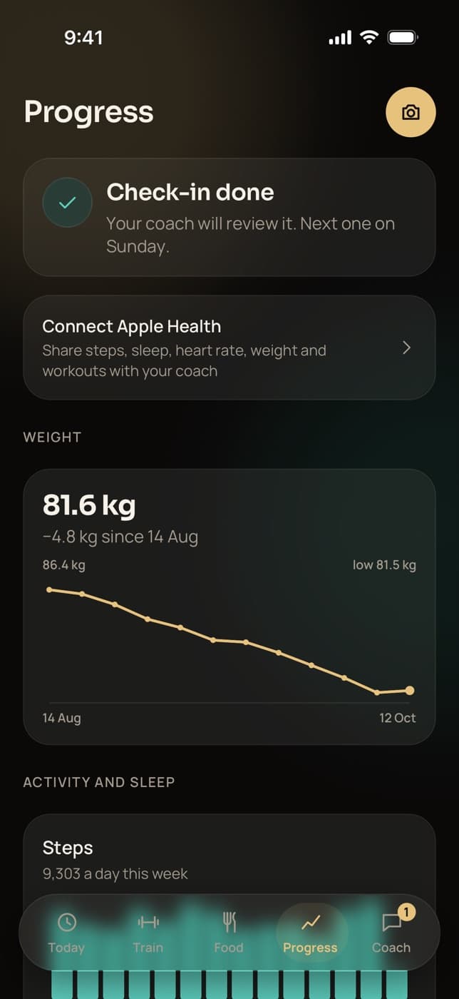 Trainaq client app: the Progress screen with this week's check-in done, a prompt to connect Apple Health, the weight trend and steps