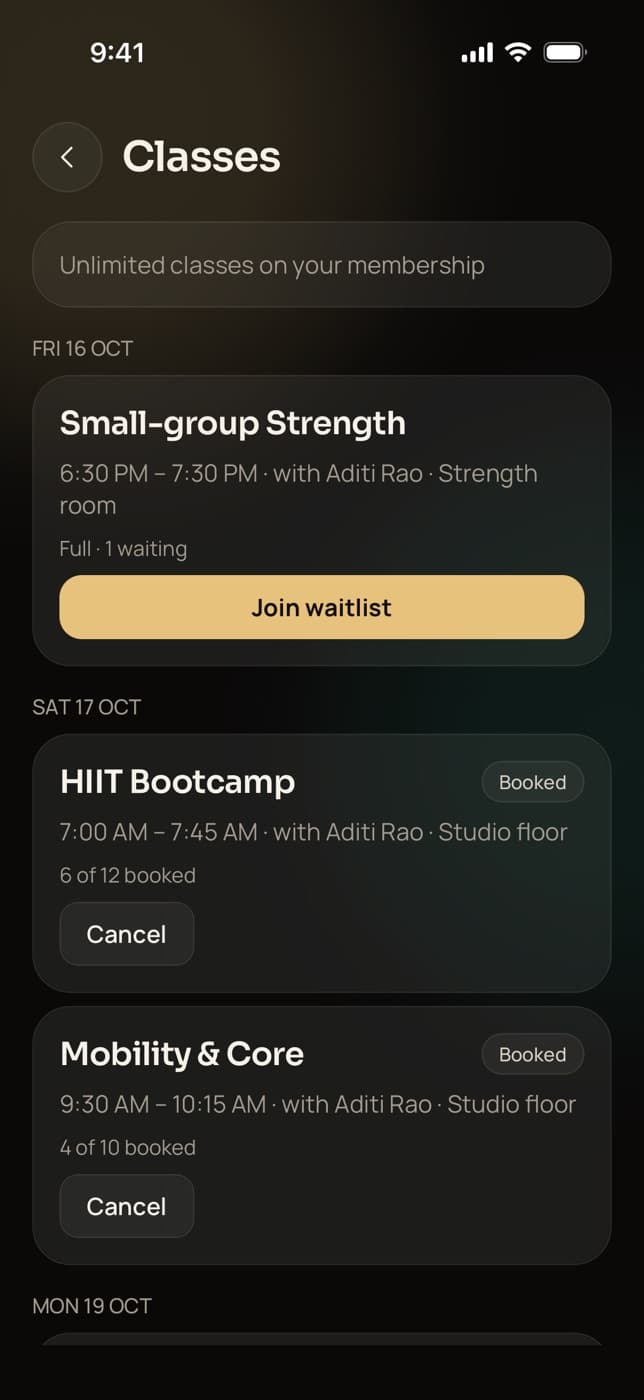 Trainaq client app: group classes to book, one full with a waitlist to join and two already booked