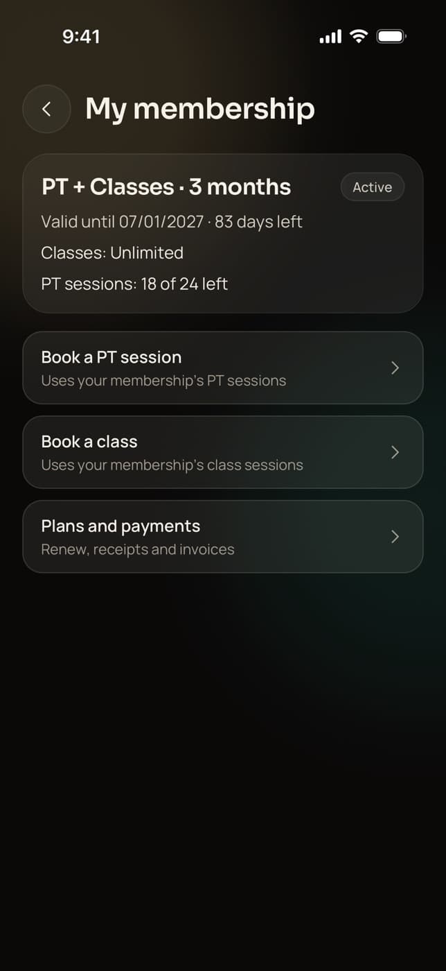 Trainaq client app: the client's membership, valid for 83 more days with unlimited classes and 18 of 24 PT sessions left, with booking and payment links