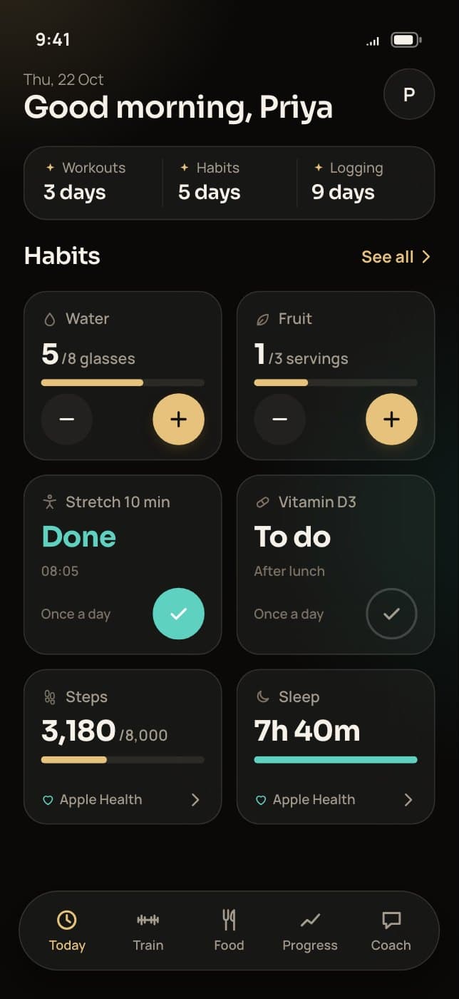 Trainaq client app: habit tiles on Today, water at 5 of 8 glasses and fruit at 1 of 3 servings each with a minus and a plus button, a stretch habit done, vitamin D3 to do, and steps and sleep from Apple Health