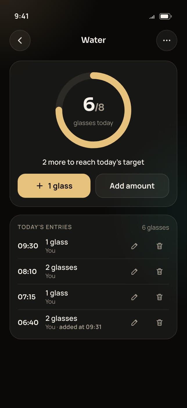Trainaq client app: the water habit's page, a ring at 6 of 8 glasses with 2 more to reach today's target, buttons to add a glass or an amount, and today's four entries with their times, each with edit and delete