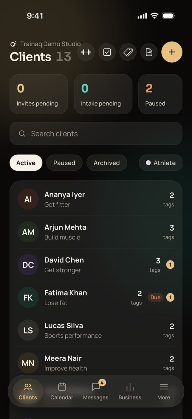 Trainaq Coach app: the client list with 13 clients, counters for pending invites, pending intake forms and paused clients, filters for active, paused and archived, and tags on each client