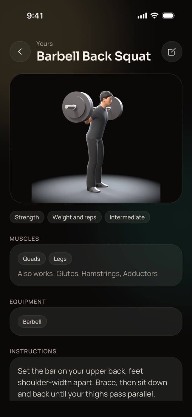 Trainaq Coach app: the Barbell Back Squat in the exercise library, with its 3D demo, the muscles it works, the equipment and the instructions