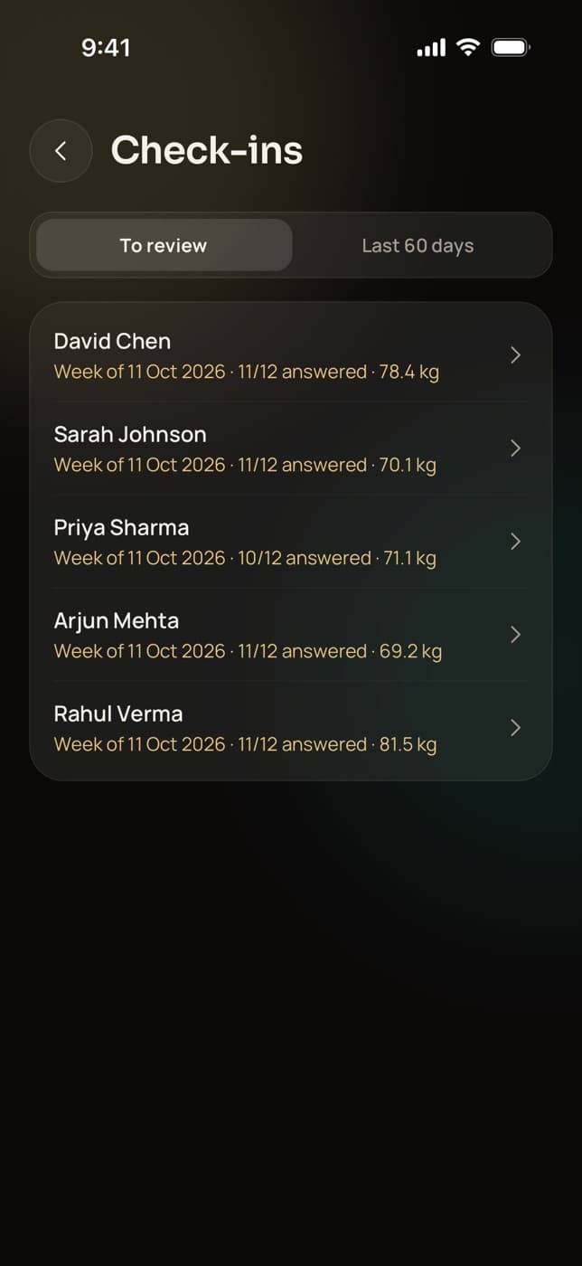 Trainaq Coach app: the check-ins waiting for review, one per client for the week of 11 Oct 2026, with questions answered and body weight