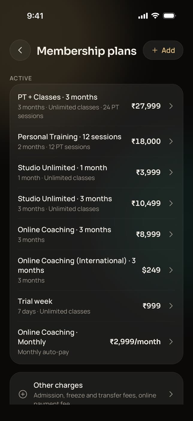 Trainaq Coach app: membership plans with their prices in rupees and US dollars, class and PT allowances, a monthly auto-pay plan and other charges