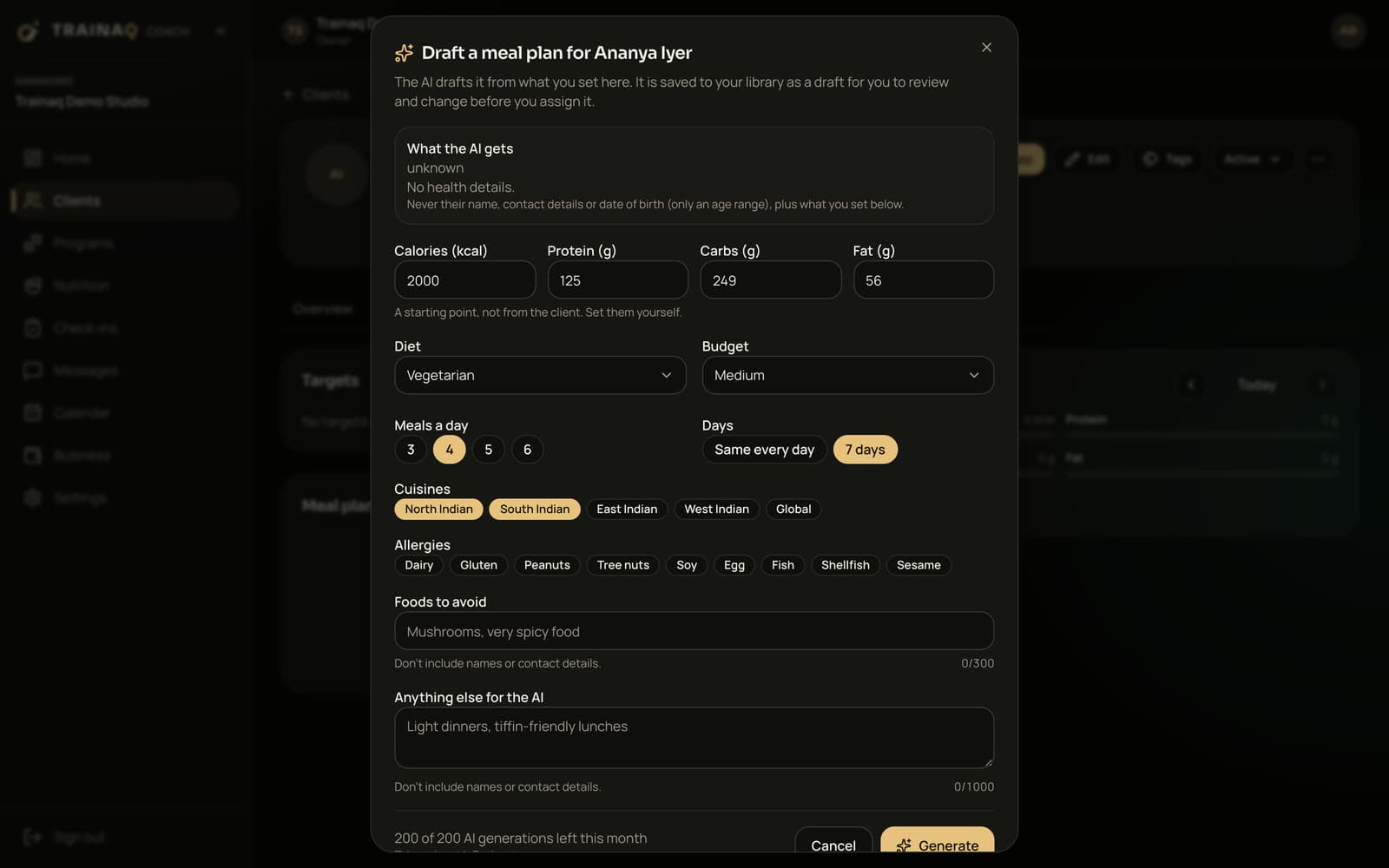 Trainaq web dashboard: Draft a meal plan with AI: calories and macros, diet, budget, meals a day, 7 different days, North and South Indian cuisines, allergies and foods to avoid