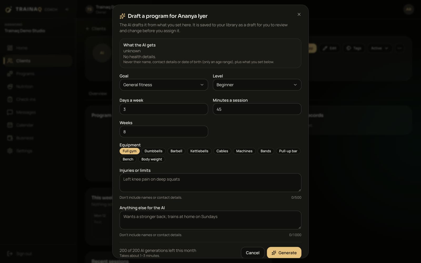 Trainaq web dashboard: Draft a program with AI: what the AI gets about the client (never their name or contact details), goal, level, days a week, minutes, weeks, equipment, injuries and a note, then Generate