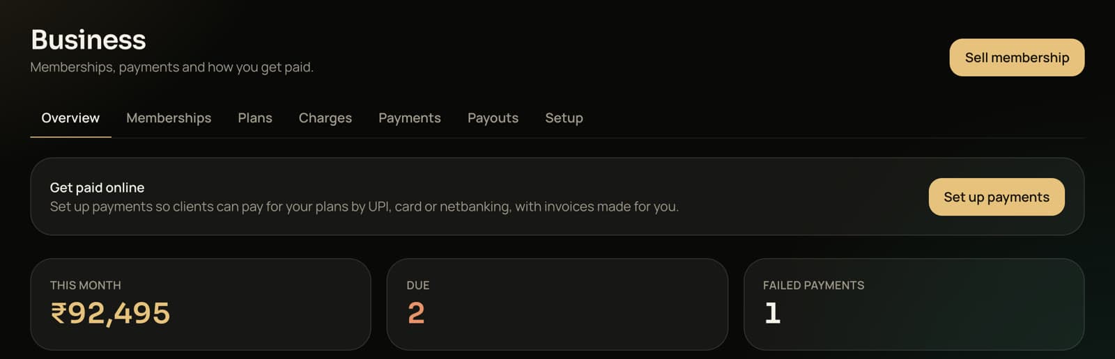 Trainaq web dashboard: the Business overview: collected this month, payments due and failed payments