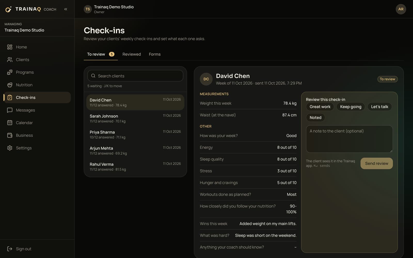 Trainaq web dashboard: check-ins to review: a client's measurements and answers, one-tap reactions (Great work, Keep going, Let’s talk, Noted) and a note