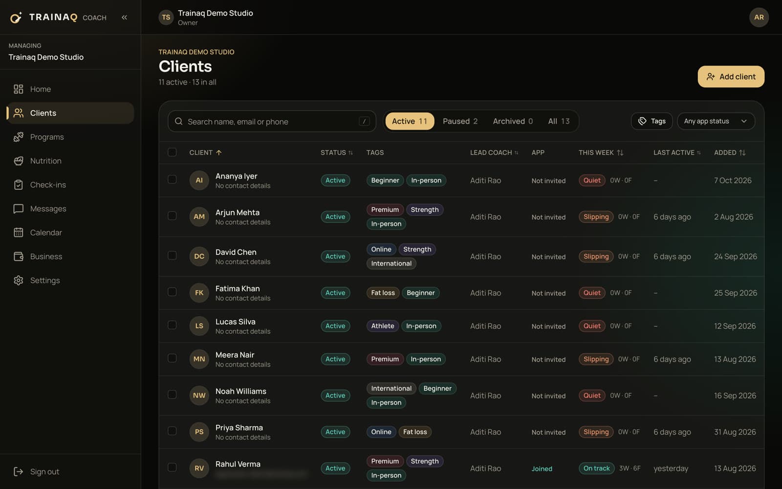 Trainaq web dashboard: the client list with each client's status, tags, lead coach, app status and this week's activity