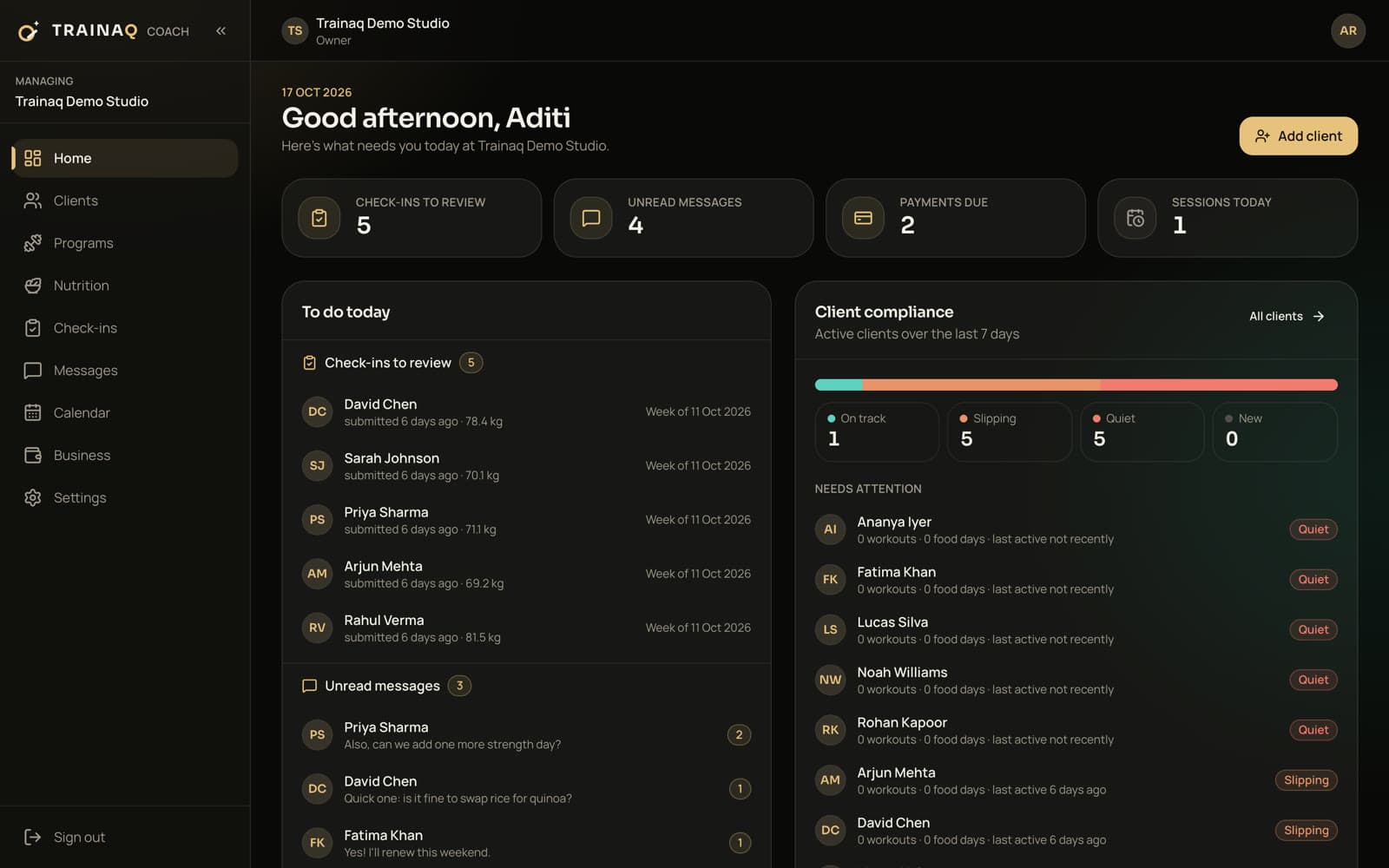 Trainaq web dashboard: Home with today's check-ins to review, unread messages, payments due and sessions, and client compliance: on track, slipping and quiet