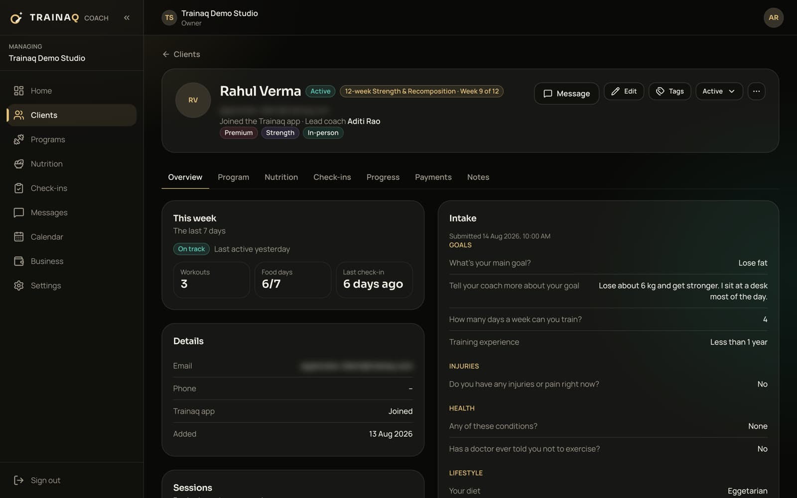 Trainaq web dashboard: a client's overview: this week's workouts and food days, and their intake answers on goals, injuries and health