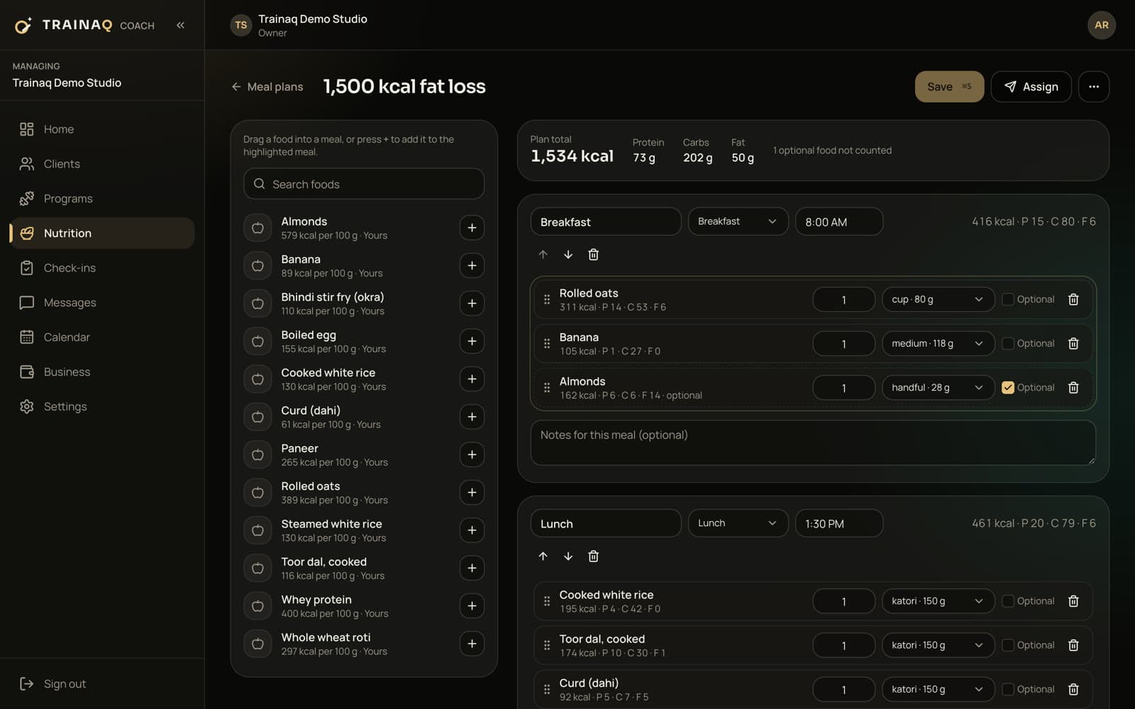 Trainaq web dashboard: the 1,500 kcal fat-loss meal plan builder: a food search beside breakfast and lunch, with Indian foods in katori and household measures