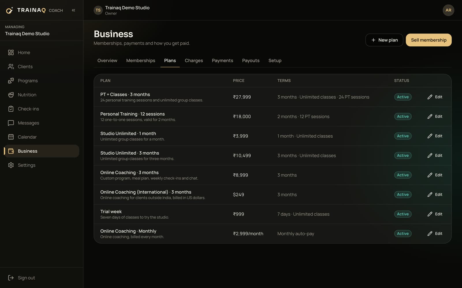 Trainaq web dashboard: membership plans in rupees and one in US dollars, with class and PT allowances and a monthly auto-pay plan