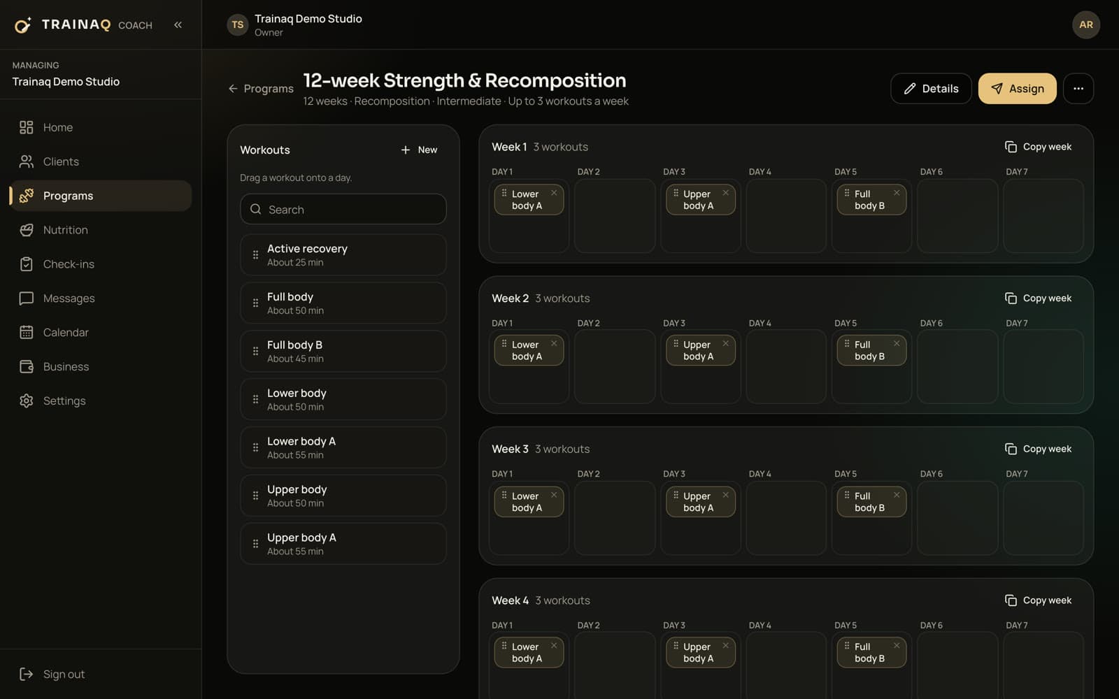Trainaq web dashboard: the 12-week Strength & Recomposition program as a grid of weeks and days, with workouts dragged onto days and Copy week on every week
